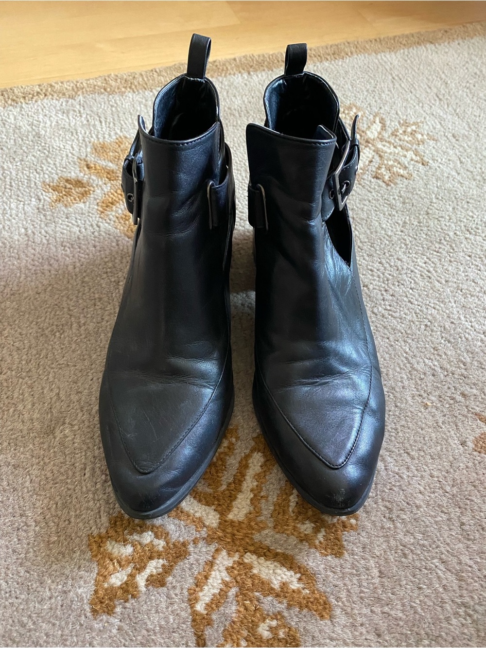 Treasure & Bond Black Leather Pointed Ankle Boots with Side Buckle